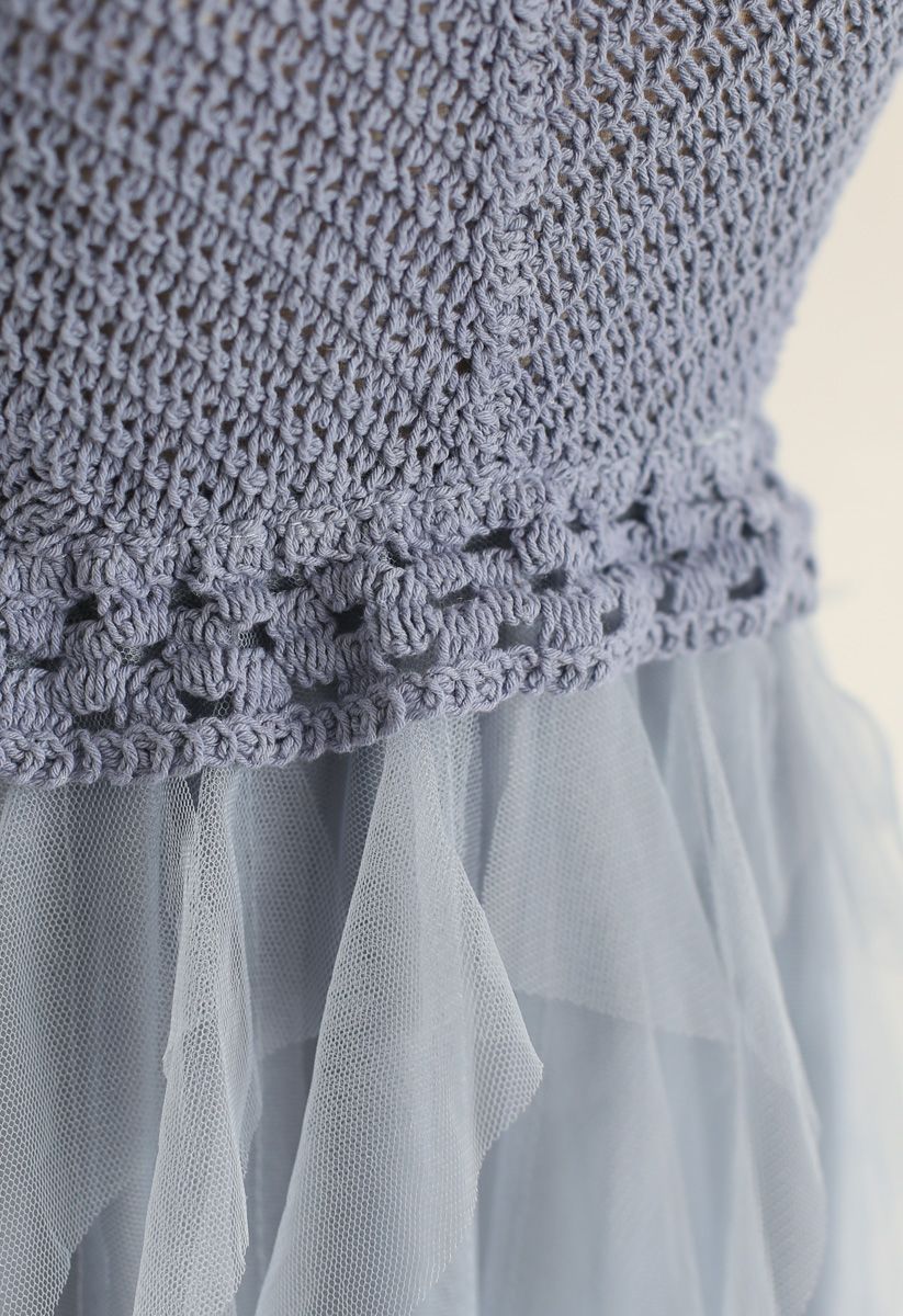 Knit Ruffled Mesh Cami Dress in Blue