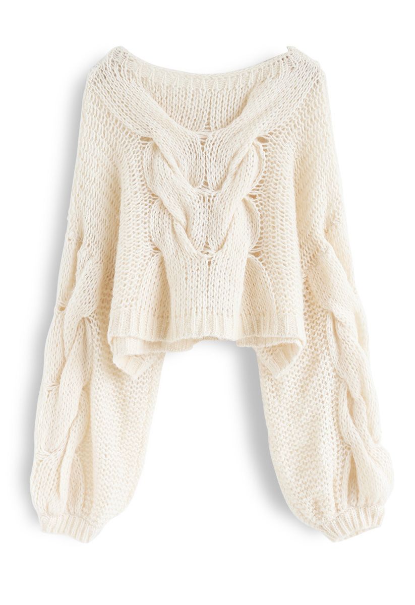 Hand-Knit Puff Sleeves Sweater in Cream