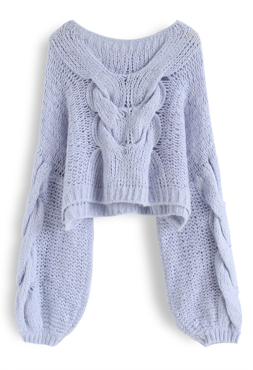 Hand-Knit Puff Sleeves Sweater in Blue