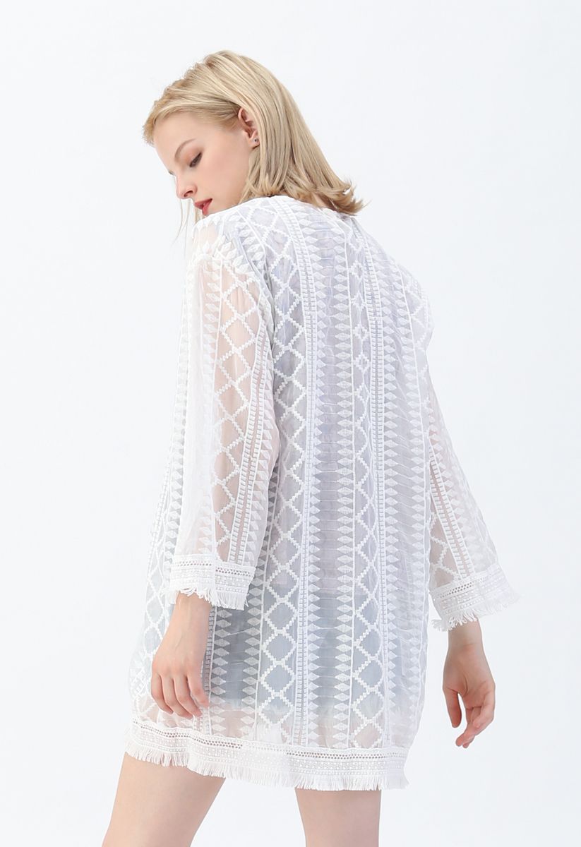 Tassels Hem Open Front Sheer Kimono 