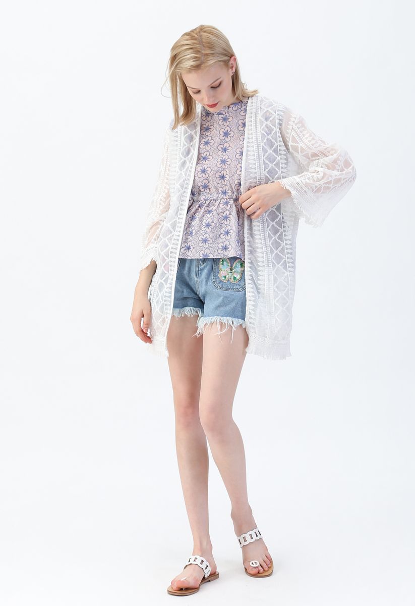 Tassels Hem Open Front Sheer Kimono 