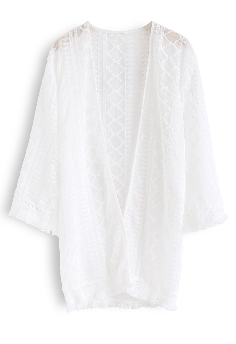 Tassels Hem Open Front Sheer Kimono 