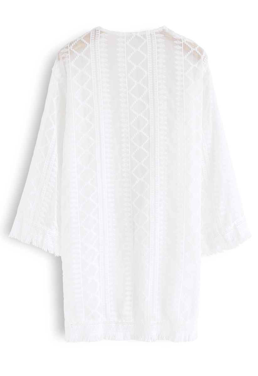 Tassels Hem Open Front Sheer Kimono 