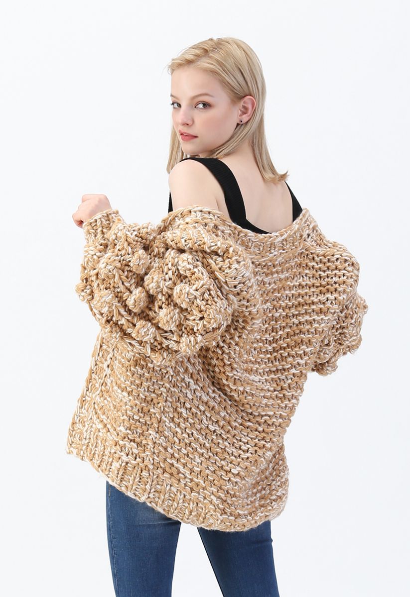 Cuteness on Sleeves Chunky Knit Longline Cardigan in Camel