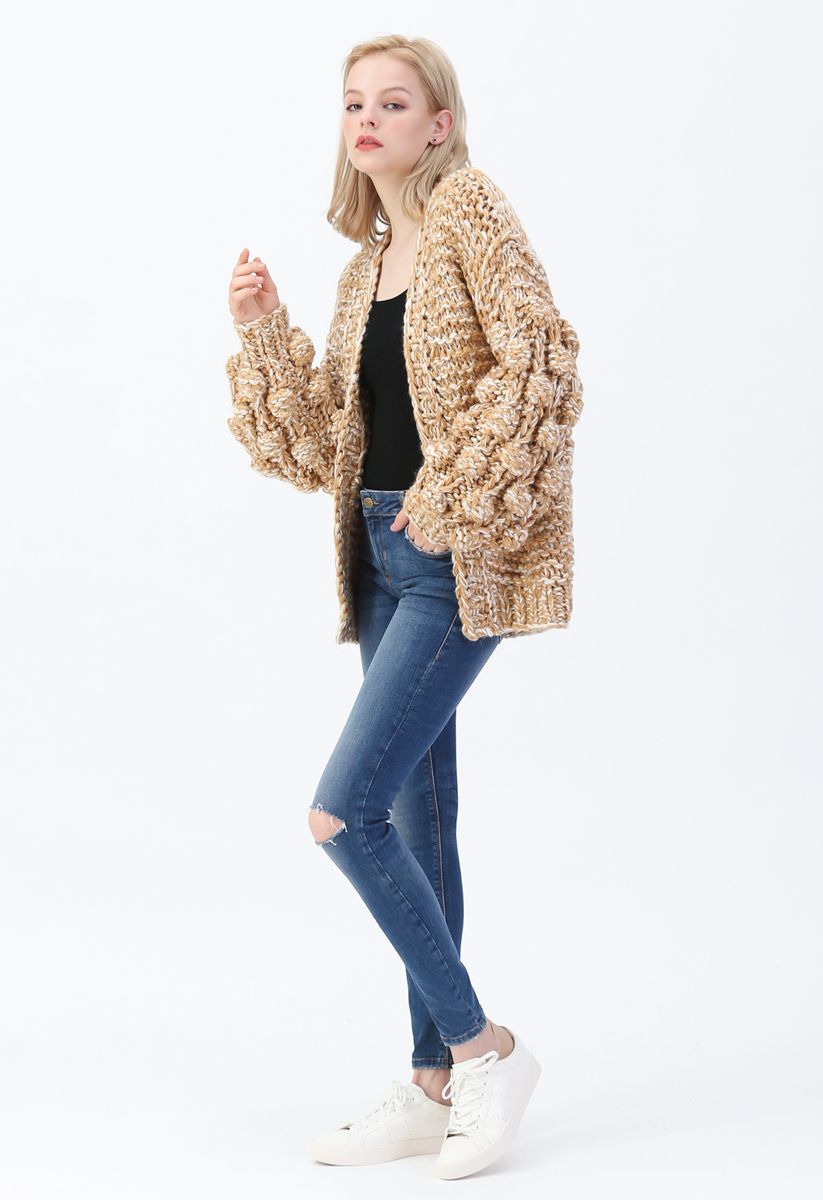 Cuteness on Sleeves Chunky Knit Longline Cardigan in Camel
