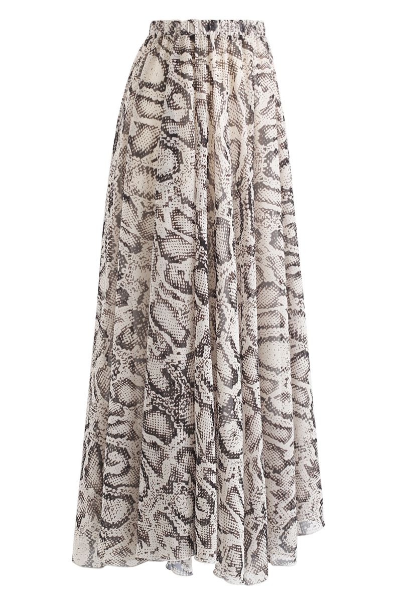 Snake Printed Asymmetric Chiffon Maxi Skirt