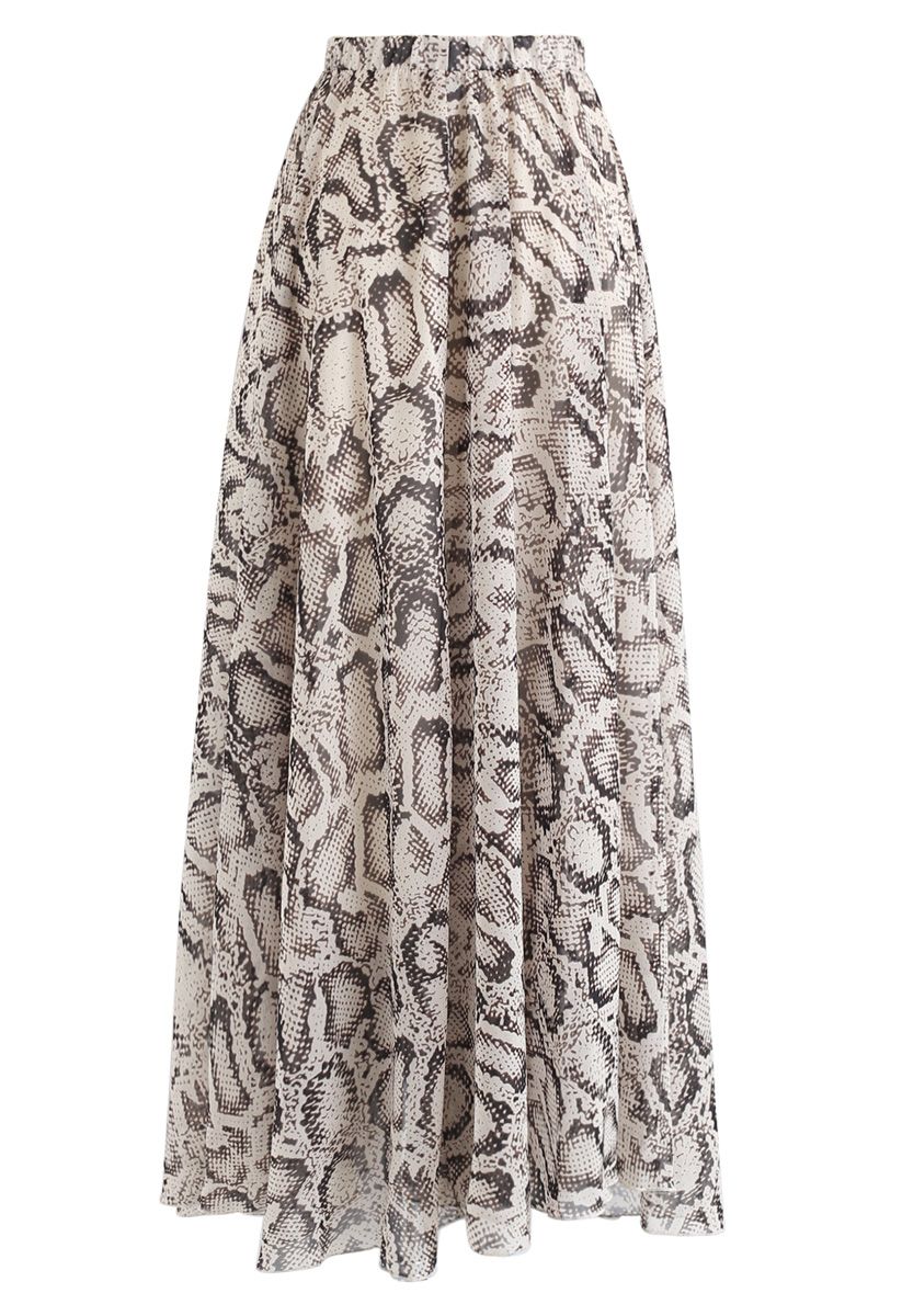 Snake Printed Asymmetric Chiffon Maxi Skirt