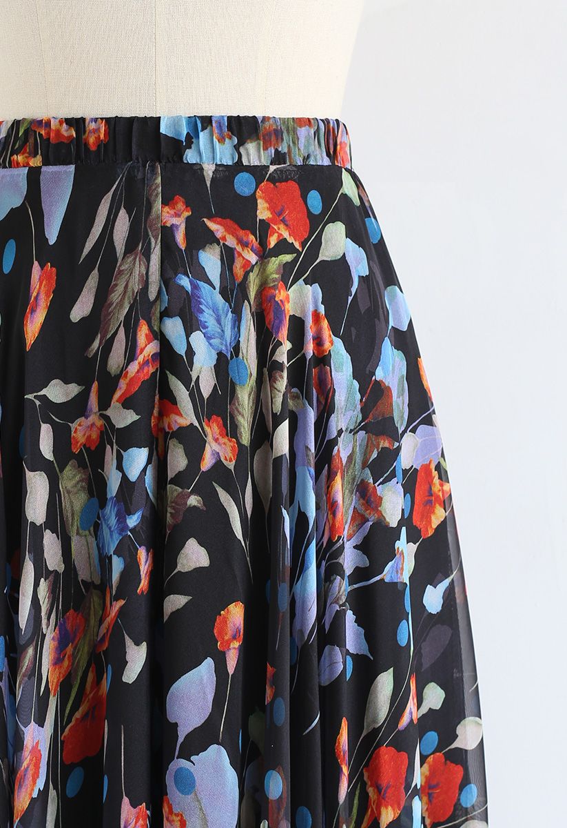 Blooming Calla Lily Watercolor Maxi Skirt in Black