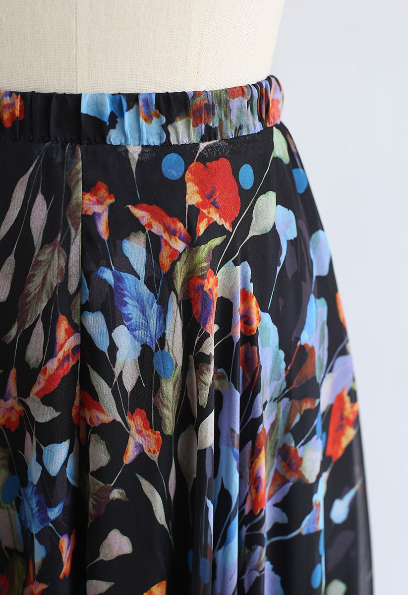 Blooming Calla Lily Watercolor Maxi Skirt in Black
