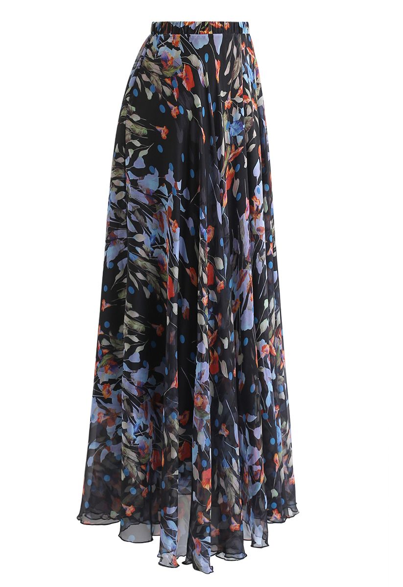 Blooming Calla Lily Watercolor Maxi Skirt in Black