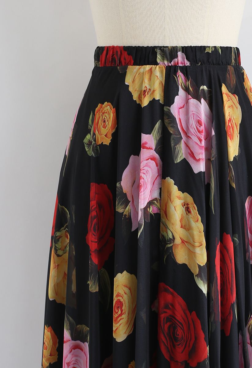 Blooming Rose Watercolor Maxi Skirt in Black