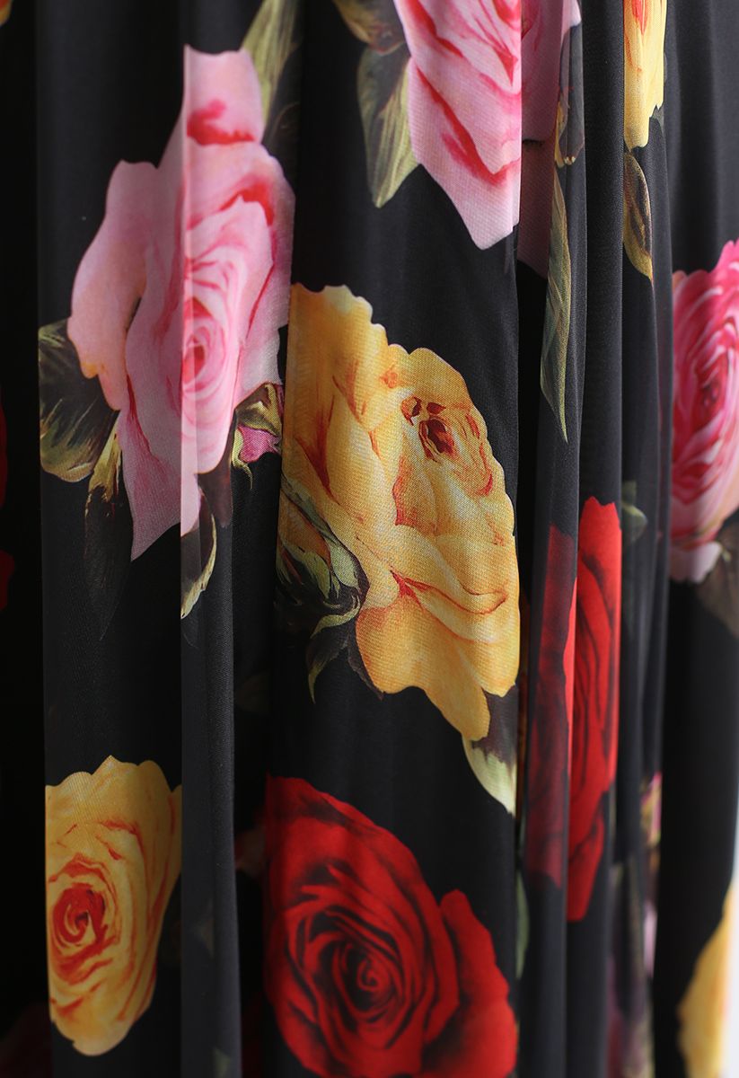 Blooming Rose Watercolor Maxi Skirt in Black