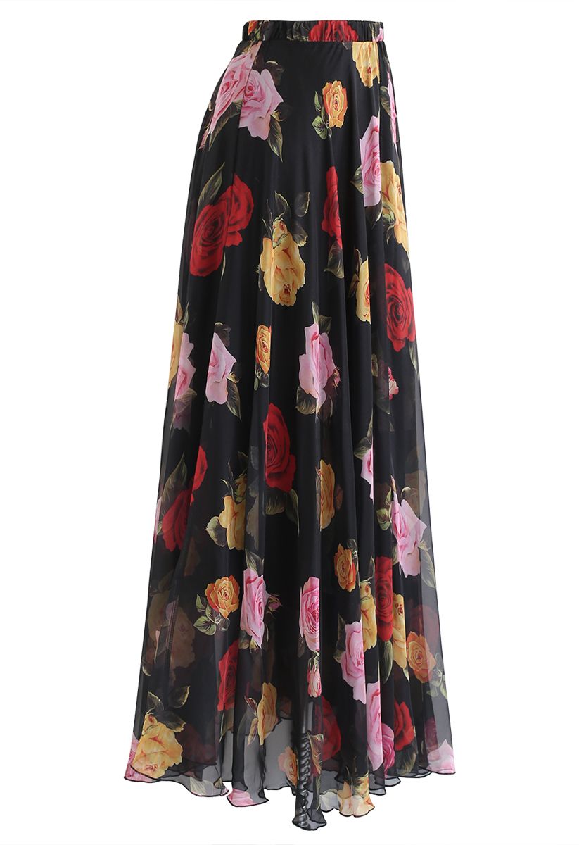 Blooming Rose Watercolor Maxi Skirt in Black