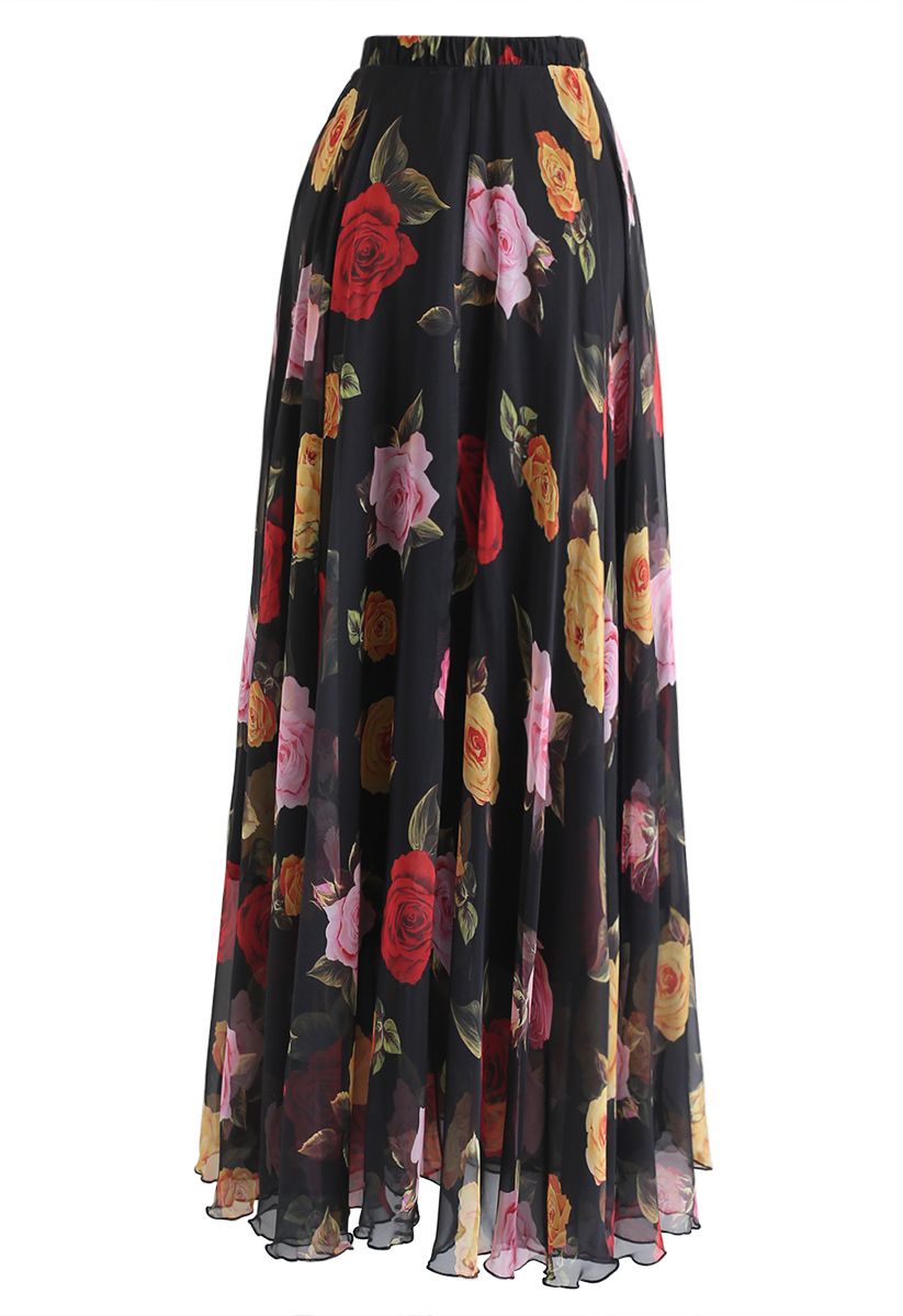 Blooming Rose Watercolor Maxi Skirt in Black