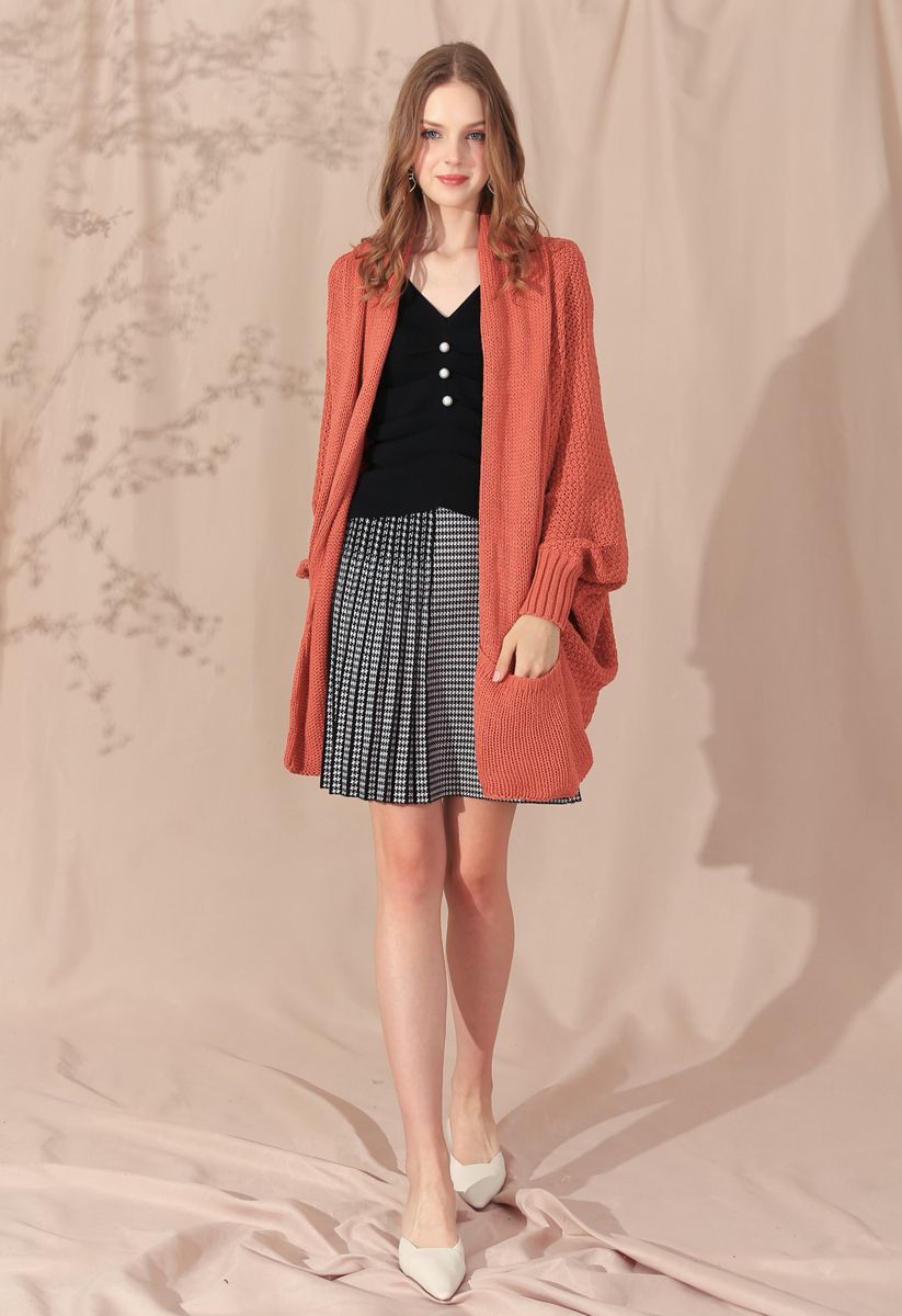 Open Front Drape Knit Cardigan in Coral