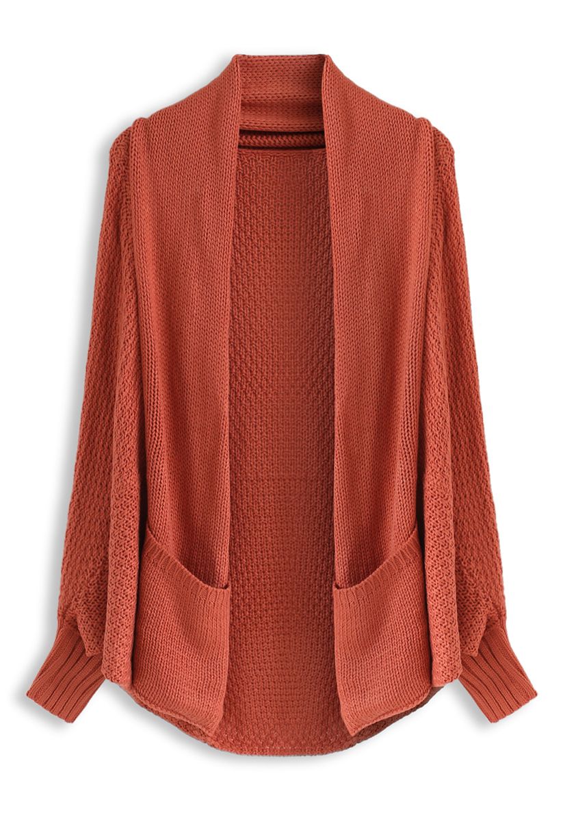Open Front Drape Knit Cardigan in Coral