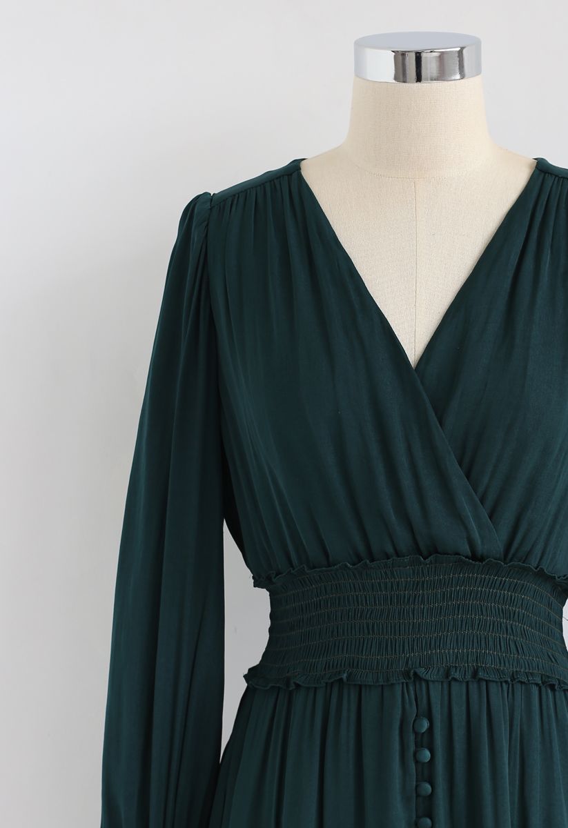 Satin Button Down Wrap Midi Dress in Dark Green