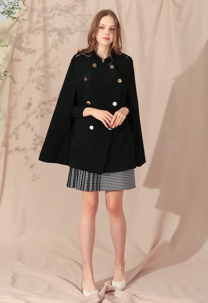Double-Breasted Cape Coat in Black