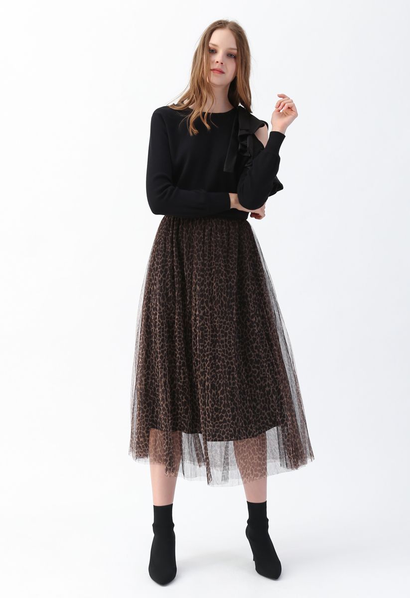Leopard Printed Double-Layered Mesh Tulle Pleated Skirt 