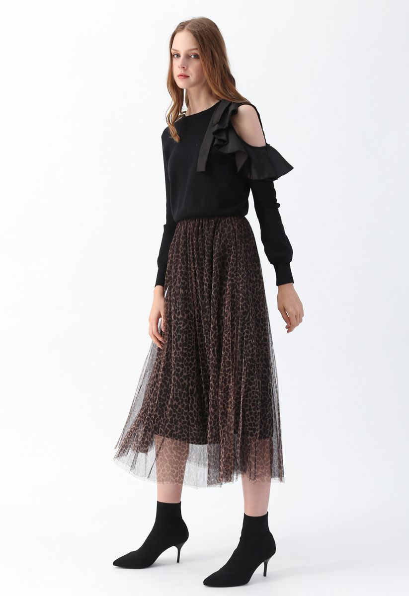 Leopard Printed Double-Layered Mesh Tulle Pleated Skirt 