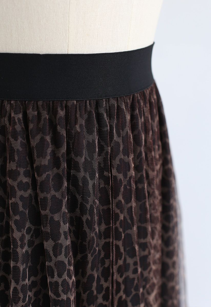 Leopard Printed Double-Layered Mesh Tulle Pleated Skirt 