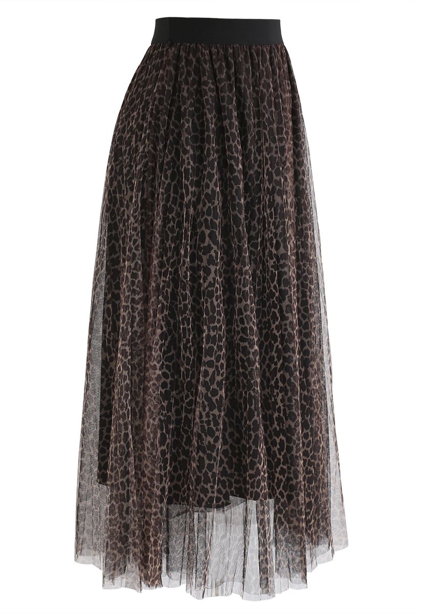 Leopard Printed Double-Layered Mesh Tulle Pleated Skirt 