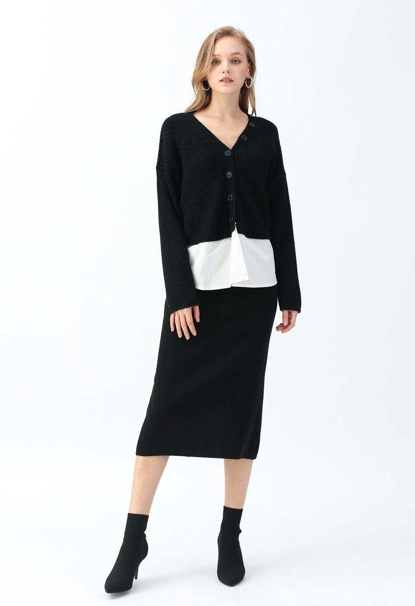 Basic Ribbed Knit Pencil Midi Skirt in Black