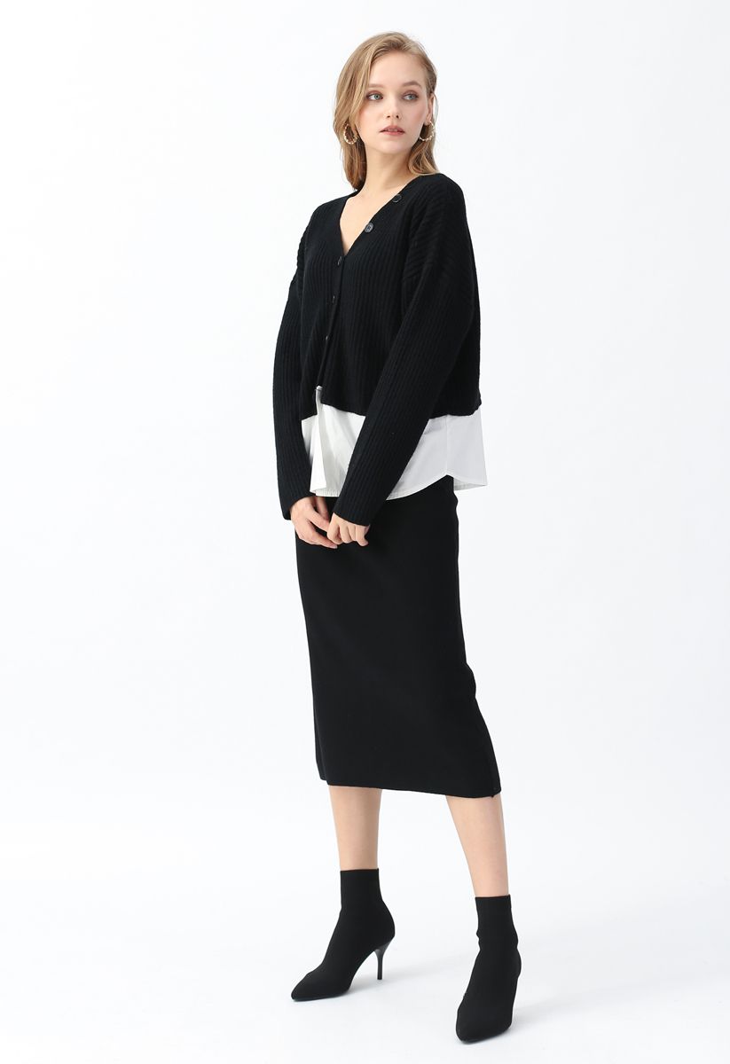 Basic Ribbed Knit Pencil Midi Skirt in Black