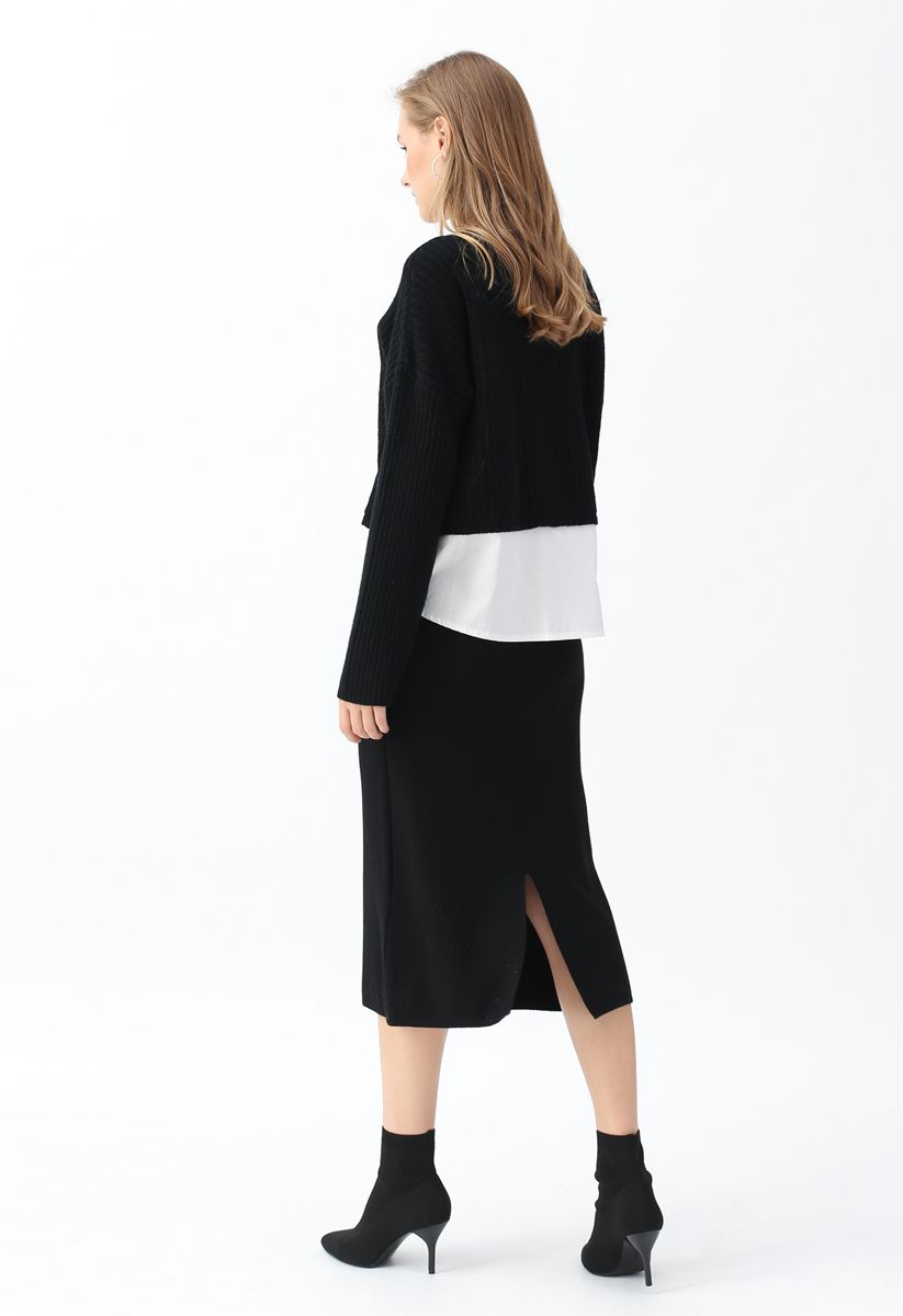 Basic Ribbed Knit Pencil Midi Skirt in Black