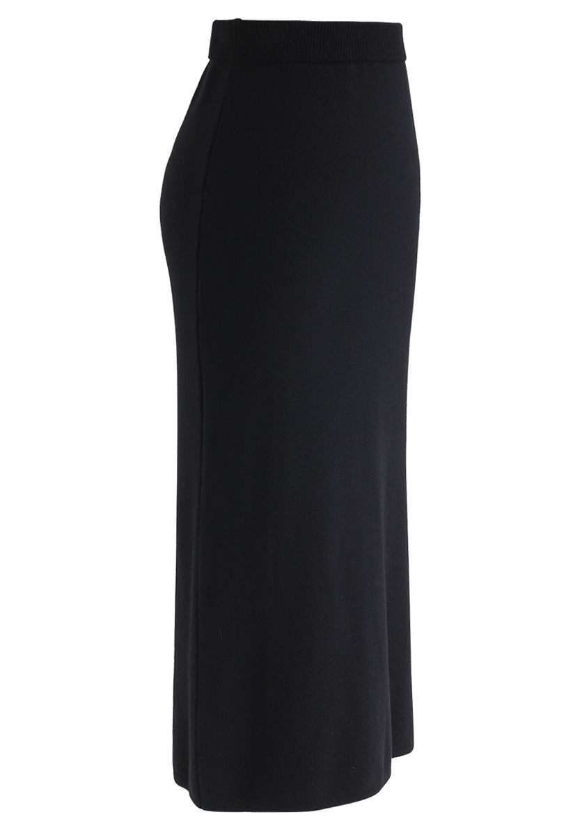 Basic Ribbed Knit Pencil Midi Skirt in Black