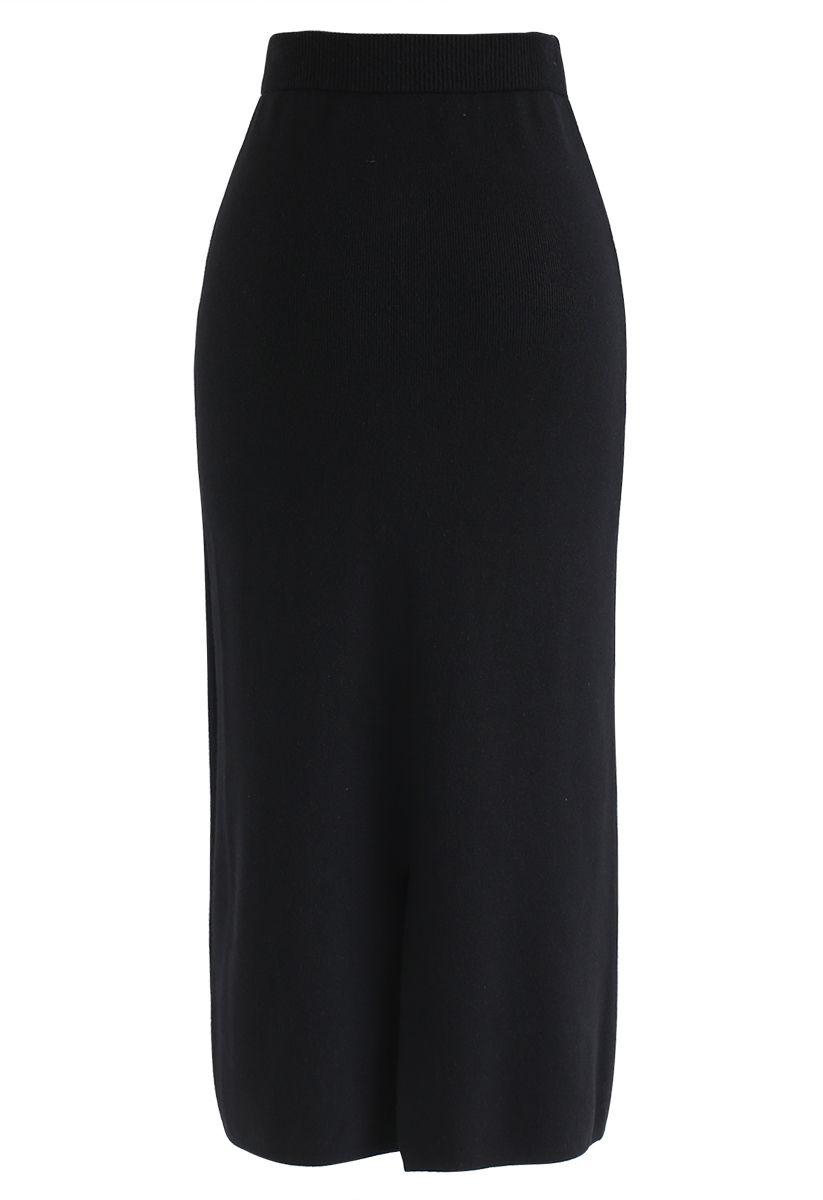 Basic Ribbed Knit Pencil Midi Skirt in Black