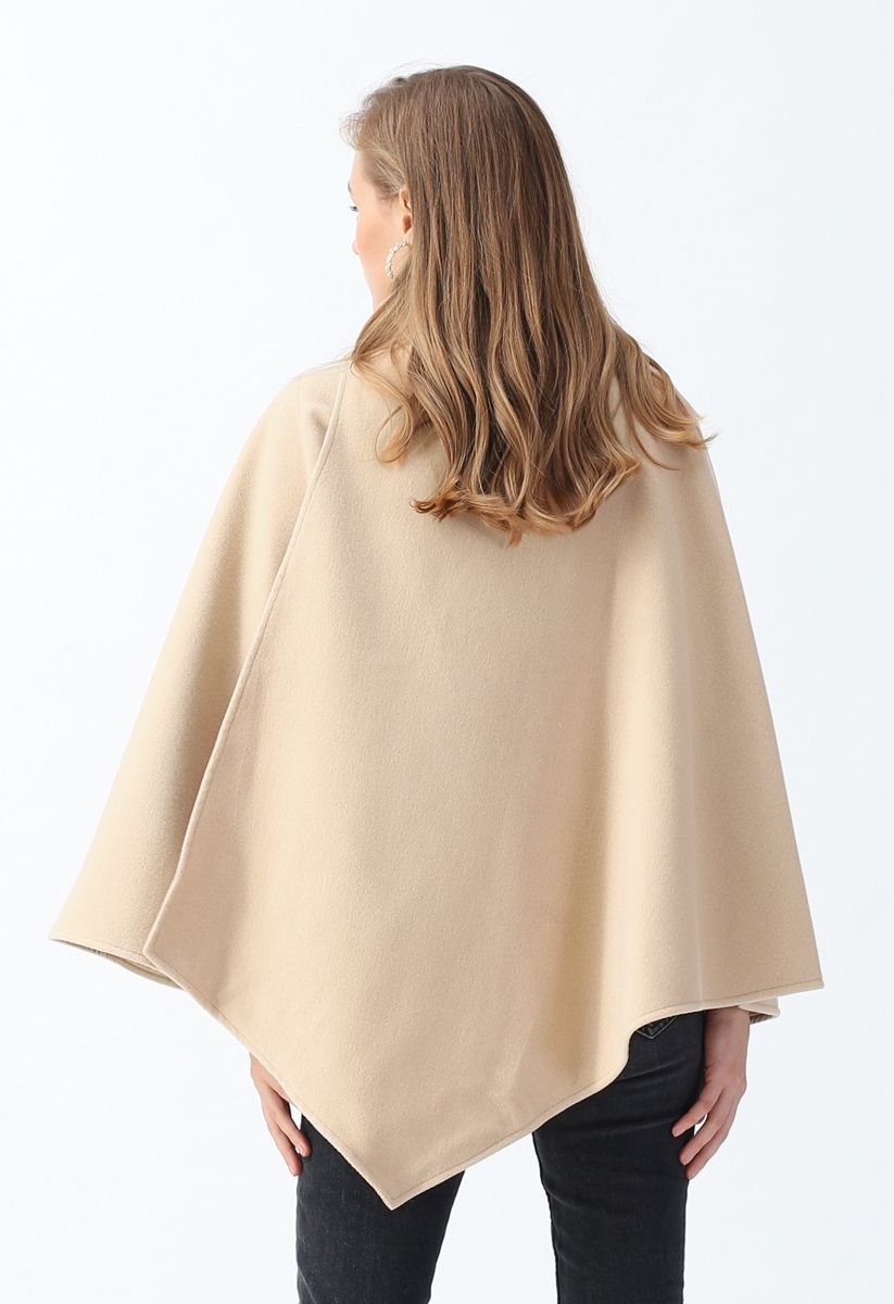 Asymmetric Hem Button Wrap Cape Coat in Light Tan