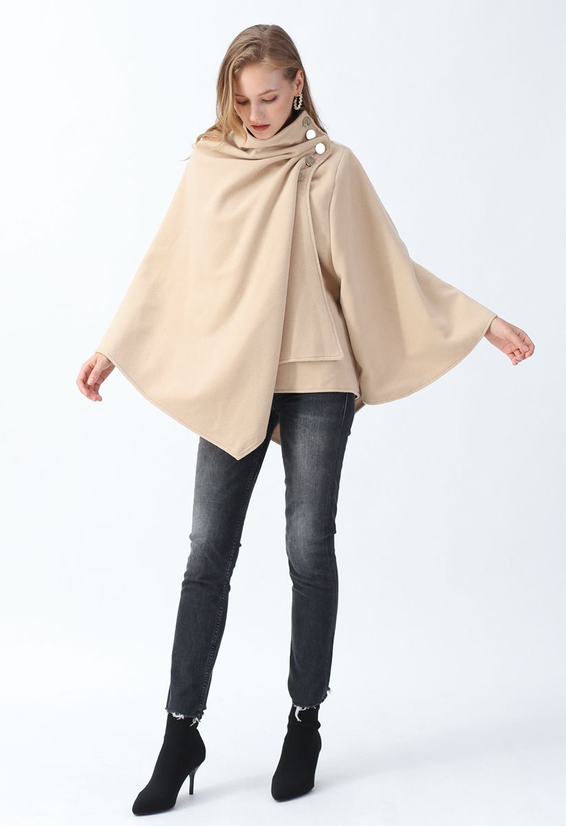 Asymmetric Hem Button Wrap Cape Coat in Light Tan