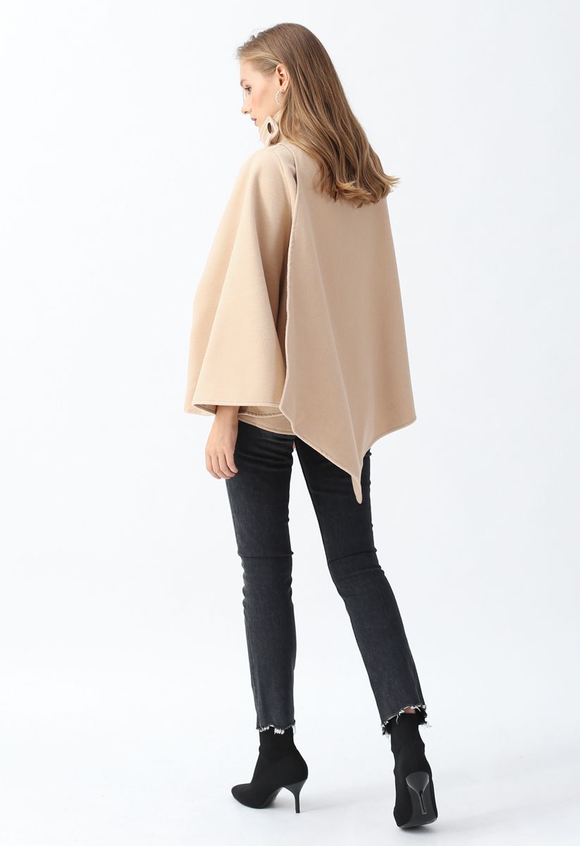 Asymmetric Hem Button Wrap Cape Coat in Light Tan