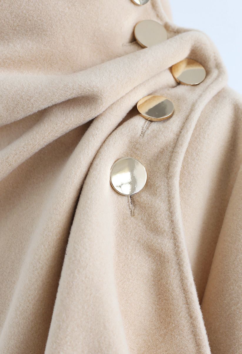 Asymmetric Hem Button Wrap Cape Coat in Light Tan