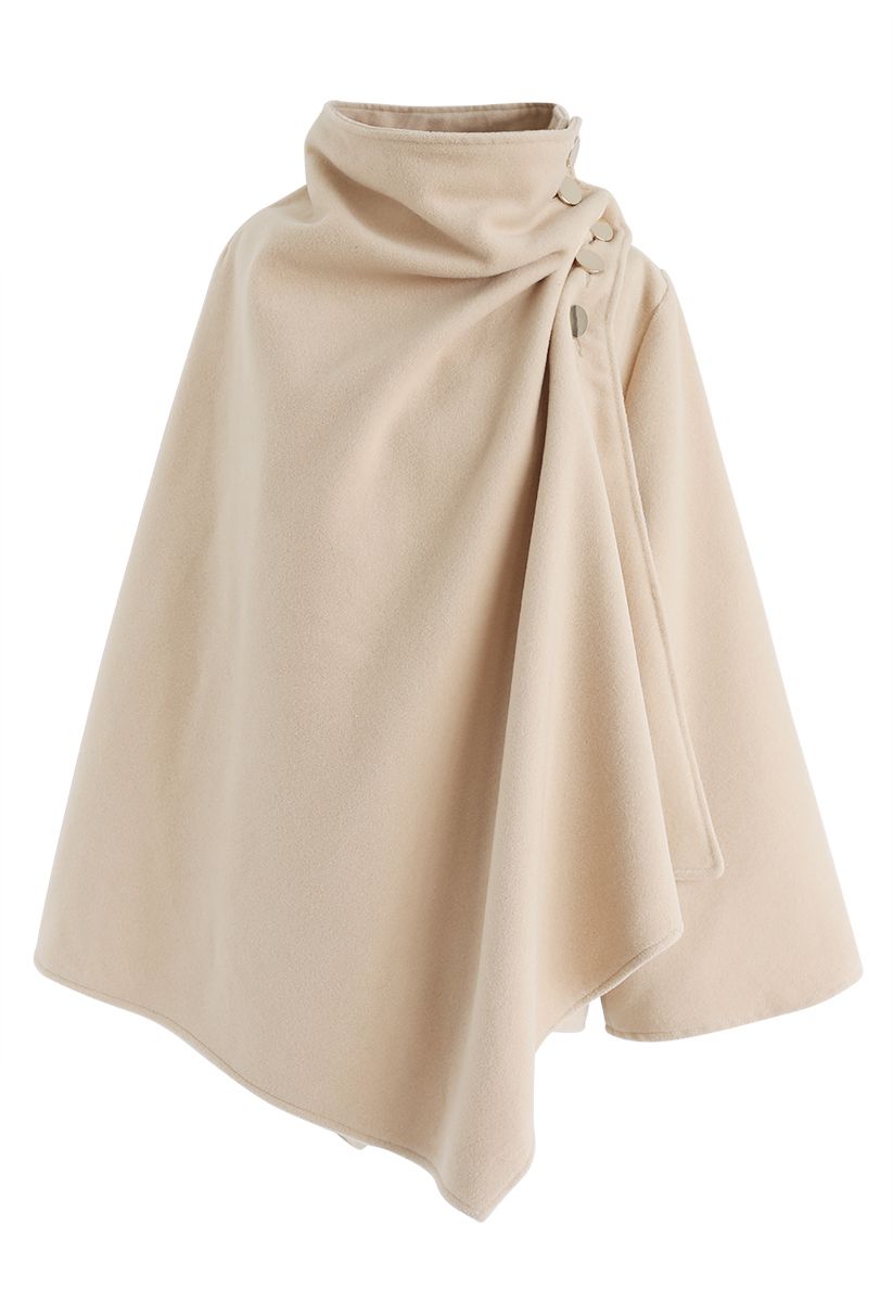 Asymmetric Hem Button Wrap Cape Coat in Light Tan