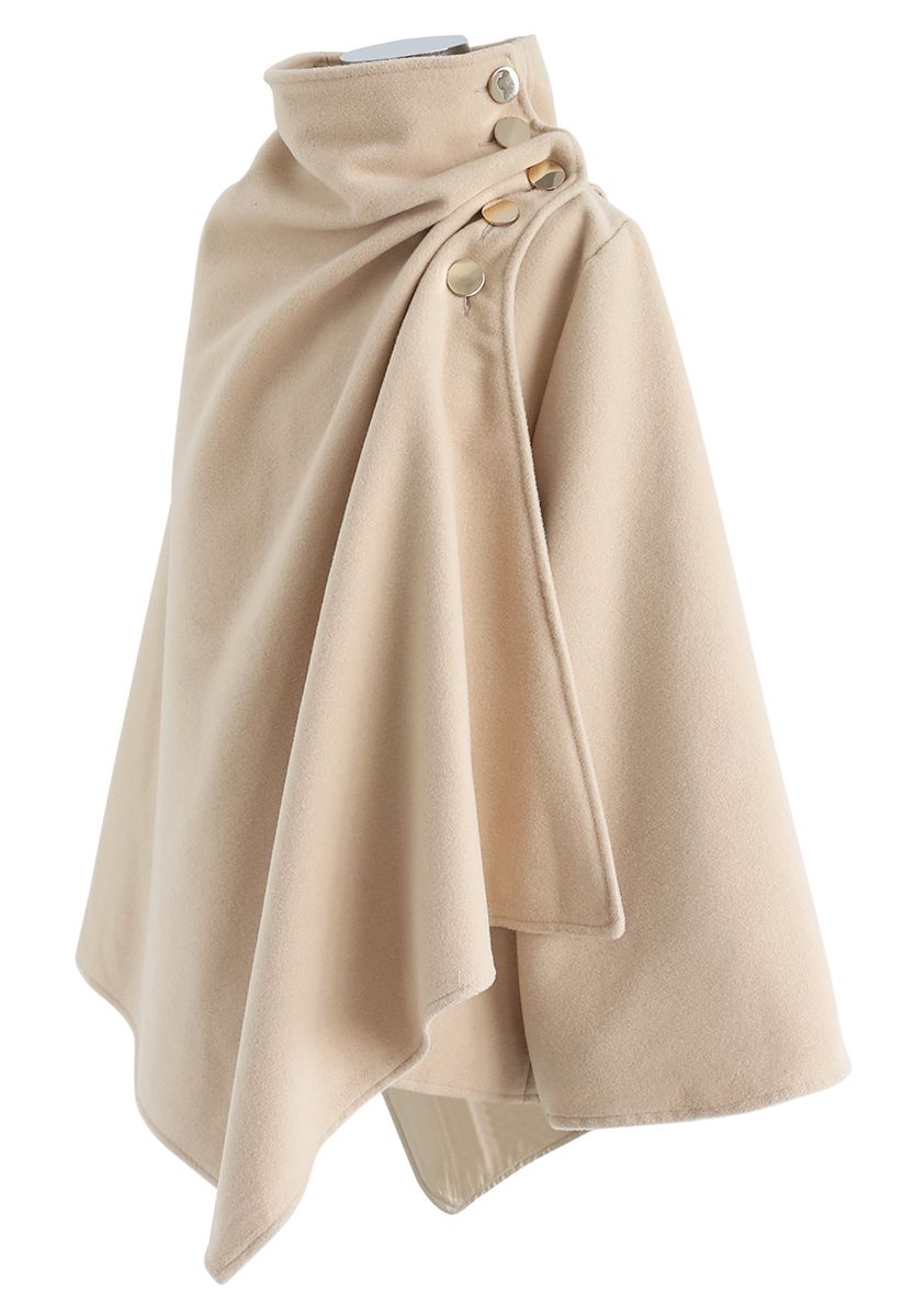 Asymmetric Hem Button Wrap Cape Coat in Light Tan