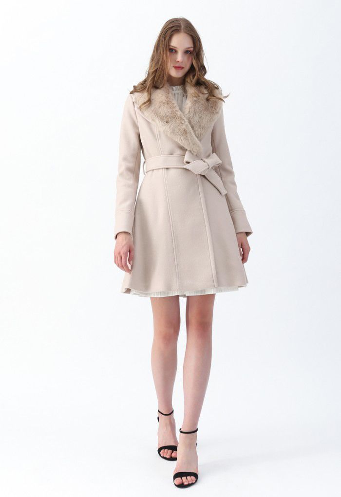 Faux Fur Collar Belted Flare Coat in Nude Pink