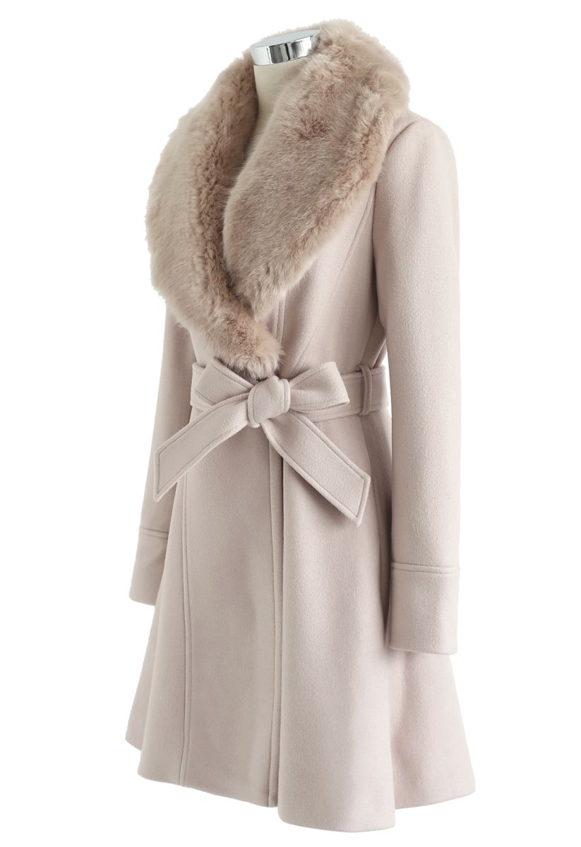 Faux Fur Collar Belted Flare Coat in Nude Pink