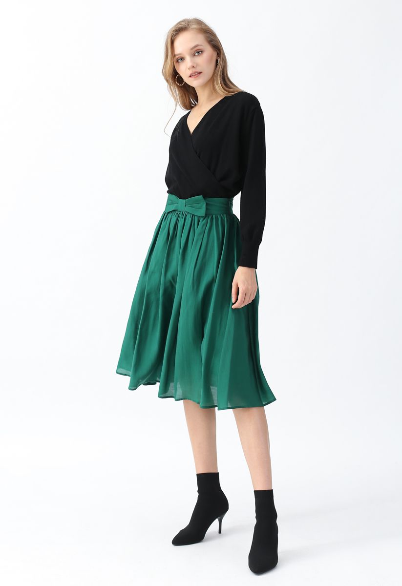 Bowknot Waist Pleated Midi Skirt in Emerald