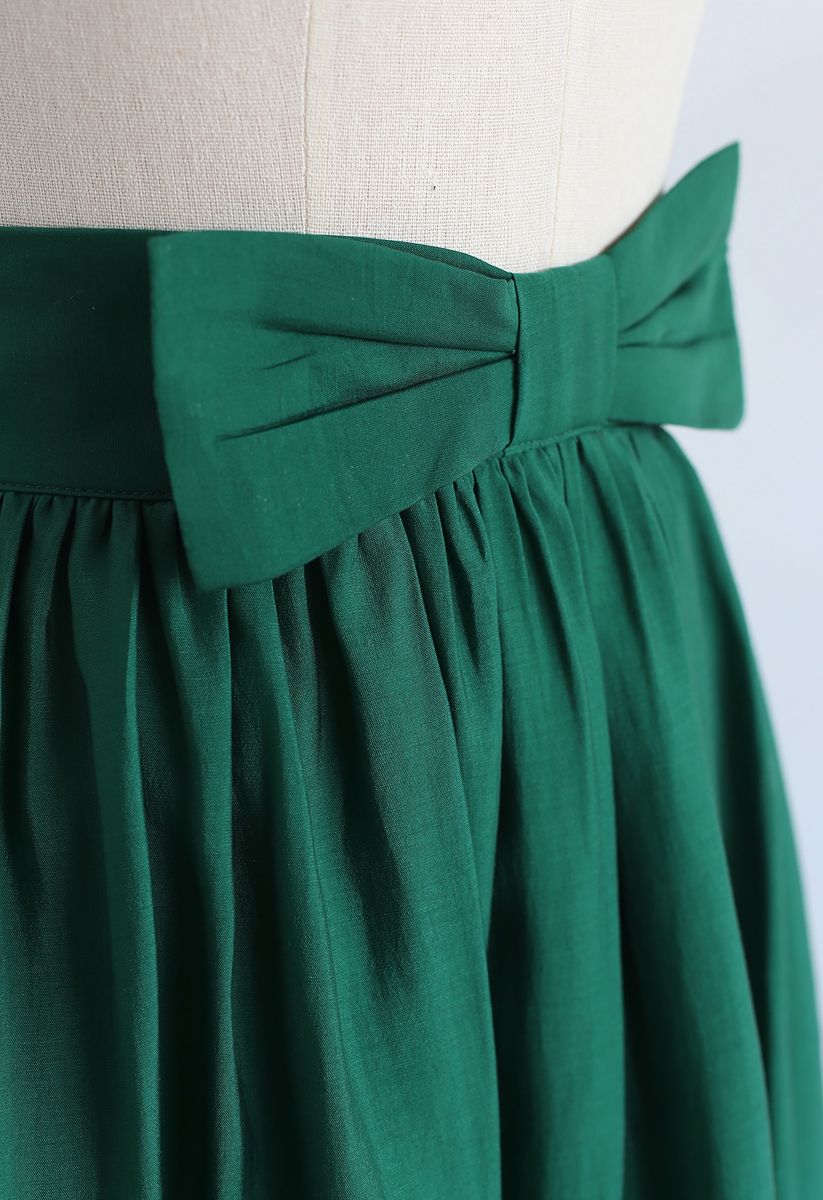 Bowknot Waist Pleated Midi Skirt in Emerald