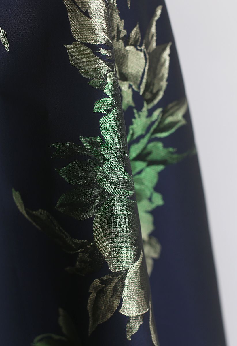 Glittery Peony Jacquard Maxi Skirt in Navy