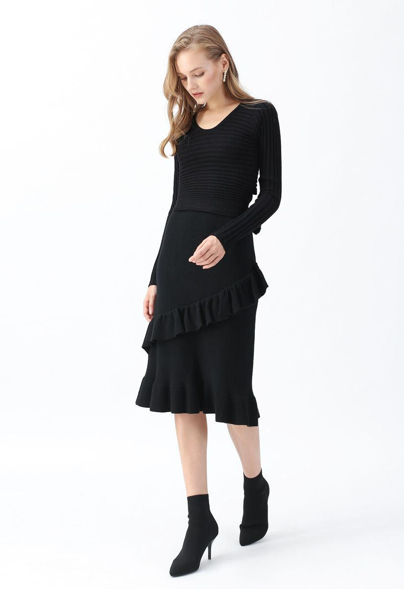 Bowknot Back Crop Ribbed Knit Top in Black
