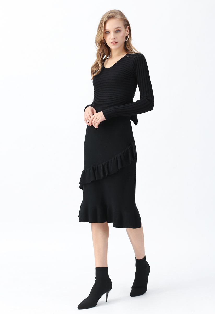 Bowknot Back Crop Ribbed Knit Top in Black