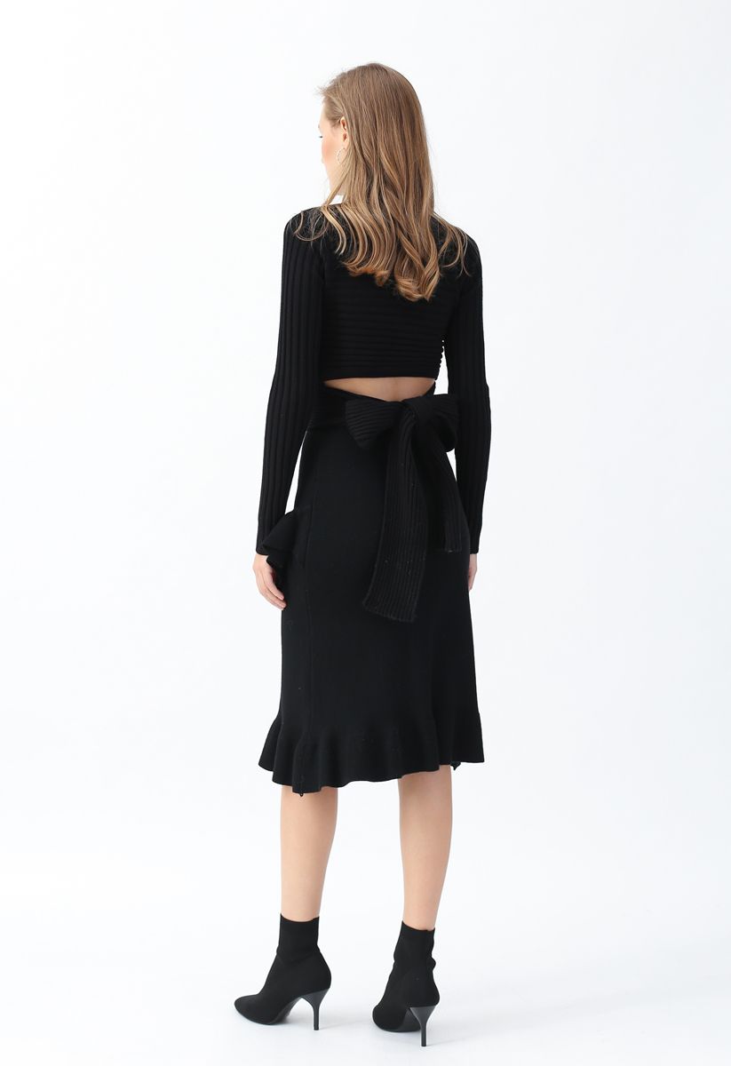 Bowknot Back Crop Ribbed Knit Top in Black