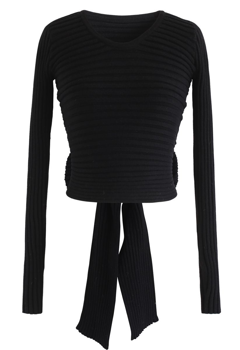 Bowknot Back Crop Ribbed Knit Top in Black
