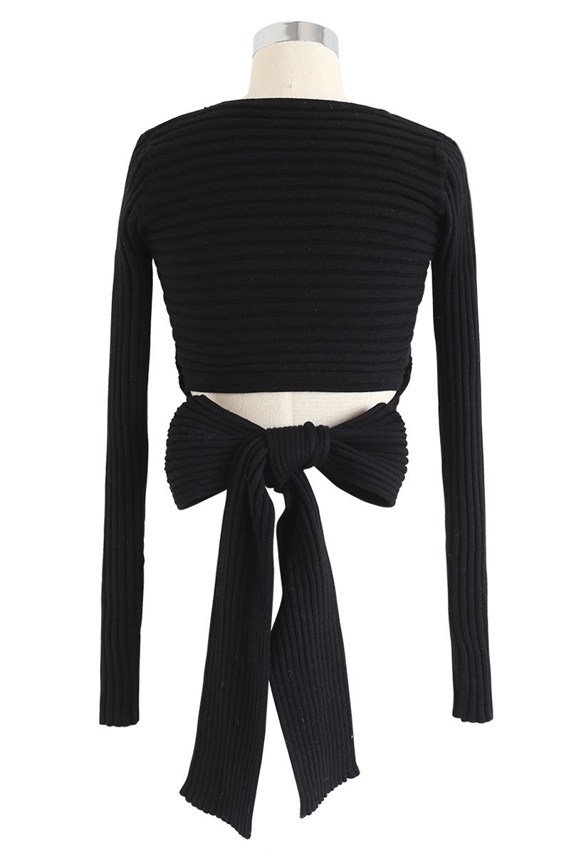 Bowknot Back Crop Ribbed Knit Top in Black