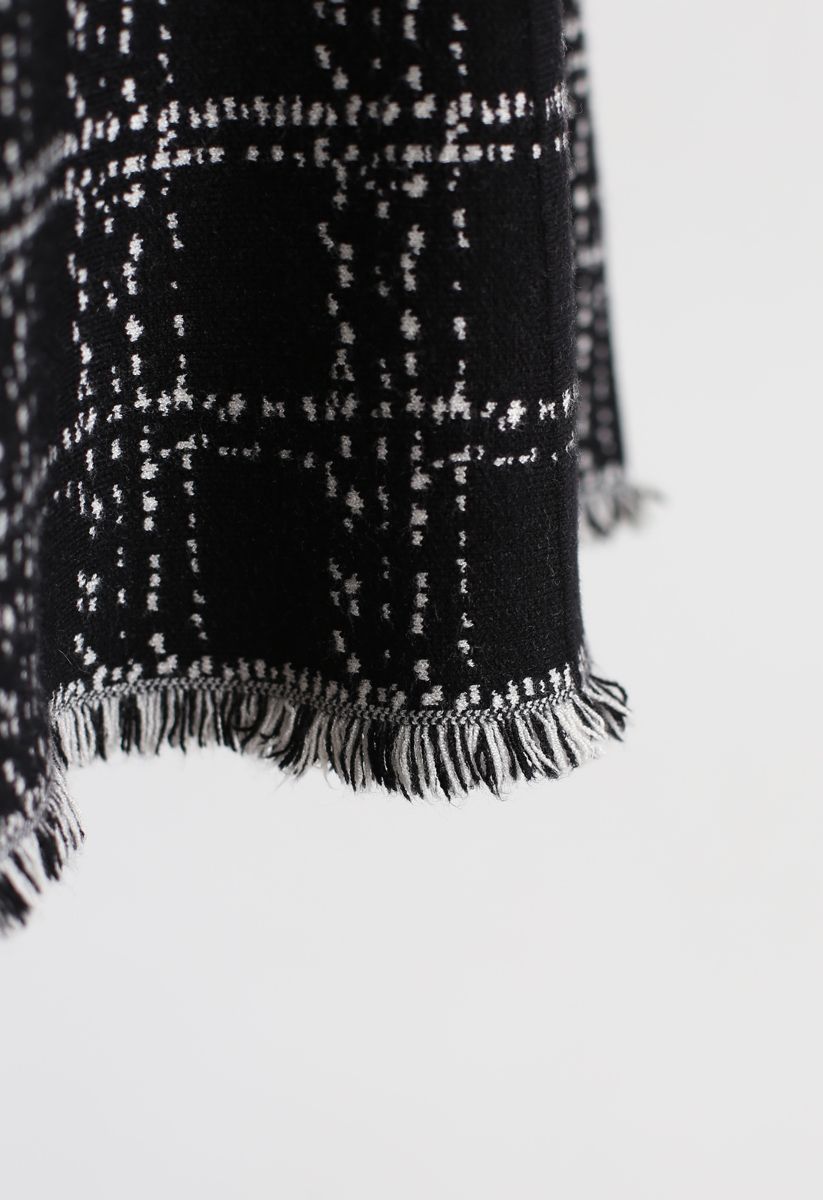 Check Tassel Hem Knit Midi Skirt in Black