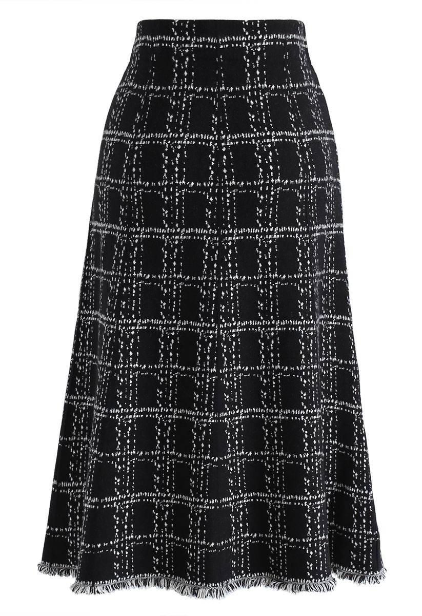 Check Tassel Hem Knit Midi Skirt in Black