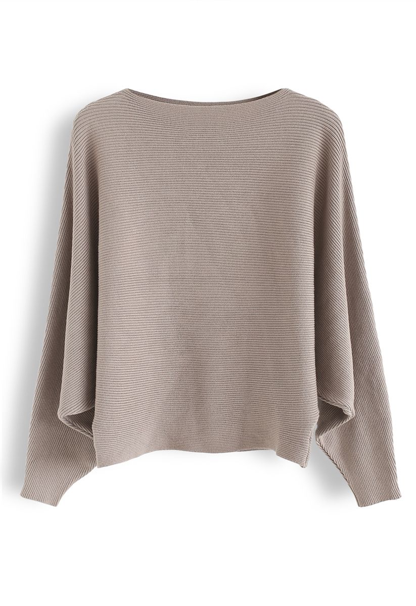 Boat Neck Batwing Sleeves Knit Top in Taupe
